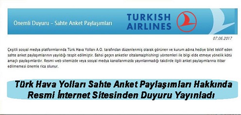 Türk Hava Yolları Sahte Anket Paylaşımları Hakkında Resmi İnternet Sitesinden Duyuru Yayınladı