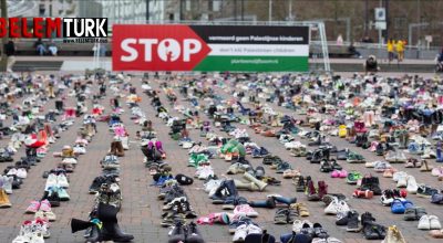 Hollanda’da, İsrail’in katlettiği Filistinli çocuklar için 8 bin çift ayakkabı bırakıldı