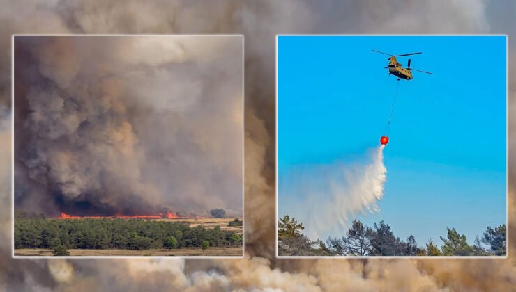 Hollanda’da bir askeri eğitim sahasında çıkan yangına beş helikopter müdahele ediyor